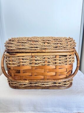 Vintage Boho Mixed Media Wicker & Seagrass Basket with Bamboo Handles and Lid